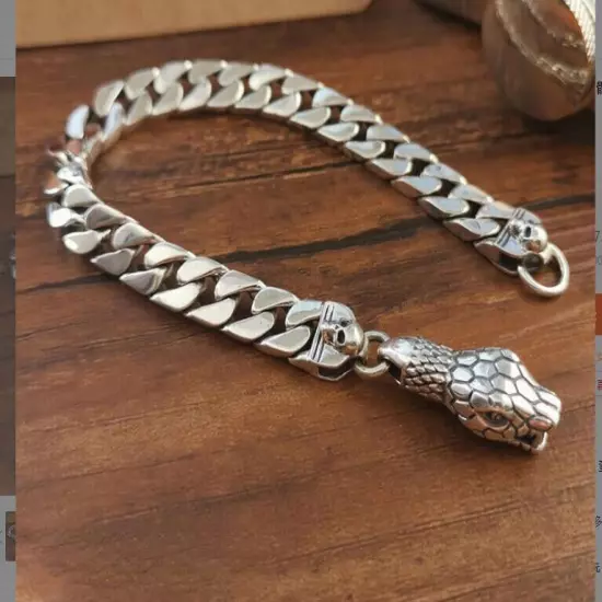 Pure silver 925 Vintage handmade skull snake head Bracelet