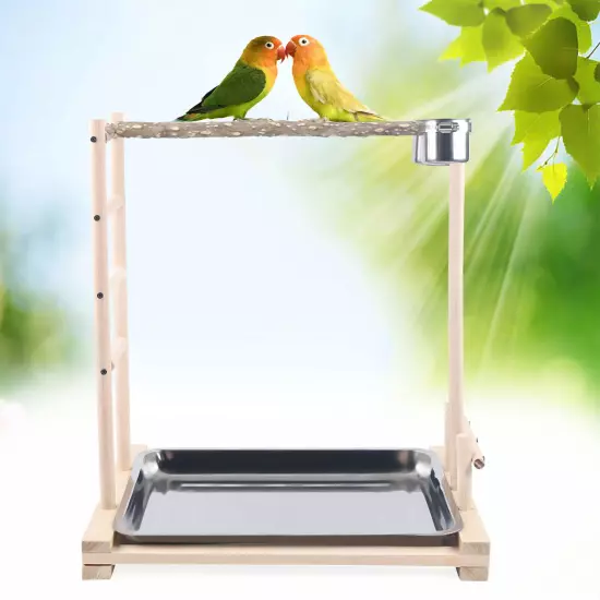 Free Standing Wood Parrot Tree Bird Stand Rack Hanging Cage Perch+2 Food Cups US