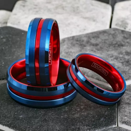 Blue Tungsten Carbide Men's Thin Red Line Wedding Band Ring - Superhero Colors