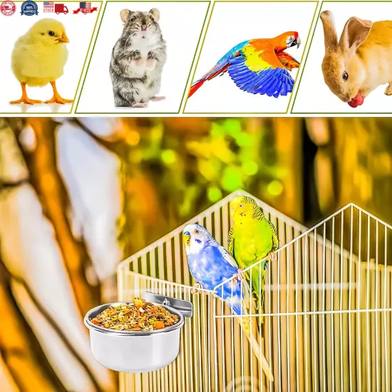 2 Pack Stainless Steel Bird Feeding Dish Cups Bird Feeder with Clamp for Cage