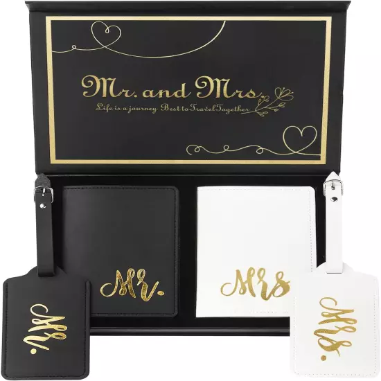 Mr. and Mrs. Luggage Tags and Passport Holder Set- Bridal Shower Gifts with 2 Pa