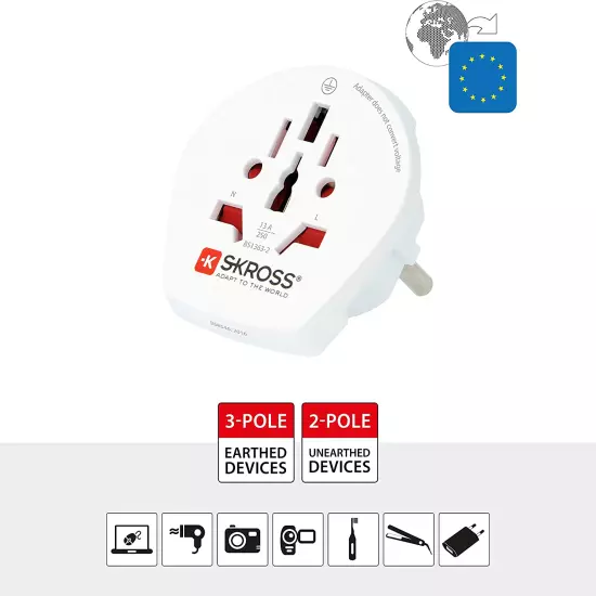 World to Europe Country Travel Adaptor, White