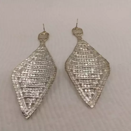 Large Silver Tone Rhinestone Dangle Pierced Earrings