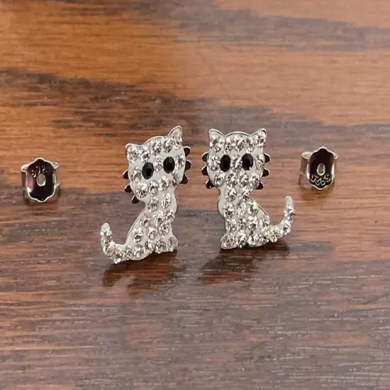 Sterling Silver Kitty Cat Post Earrings Petite Crystal Pave NEW