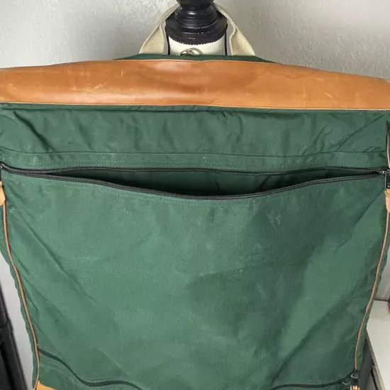 80s 90s LL BEAN Green Canvas Leather Folding Garment Carrying Bag Travel Vintage