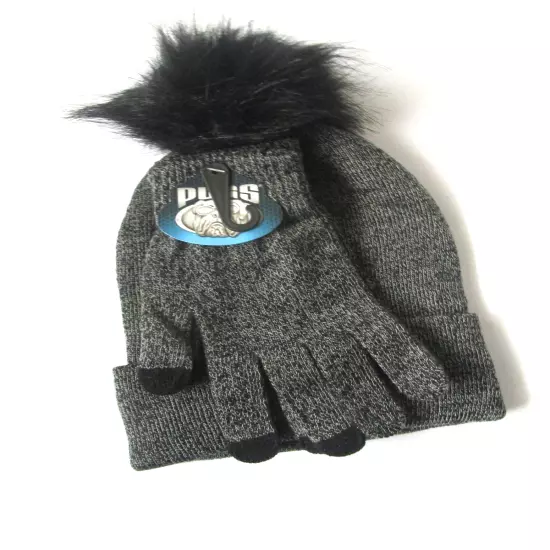 Pugs Knit Hat Glove Set Cuffed Beanie Pom BLACK One Size NWT