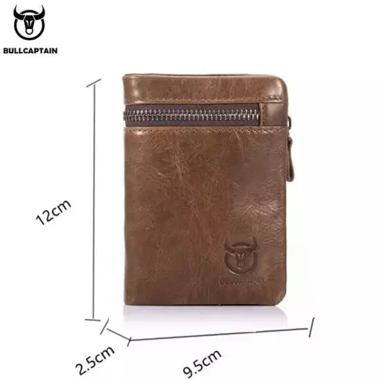 BULLCAPTAIN Retro Genuine Leather RFID Mens Wallet Card ID Holder Zipper Purse