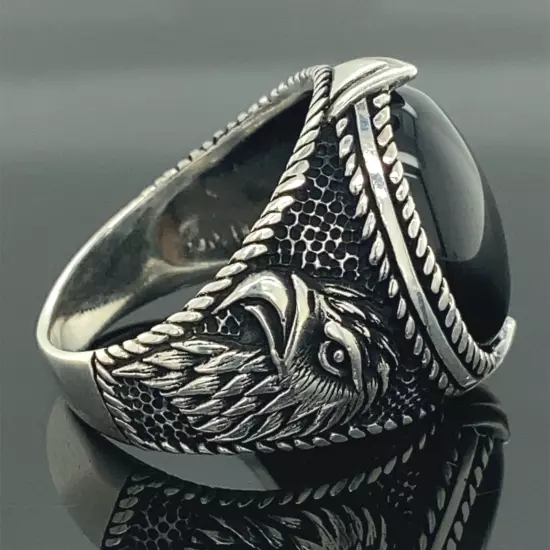 925k Silver Black Onyx Gemstone Ring Men Handmade Eagle Model Ring