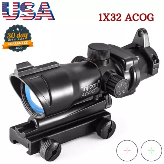 Acog 1x32 Scope Sight Red Dot Fiber Rifle Hunting Green 20mm Illuminated Rail ✅✅