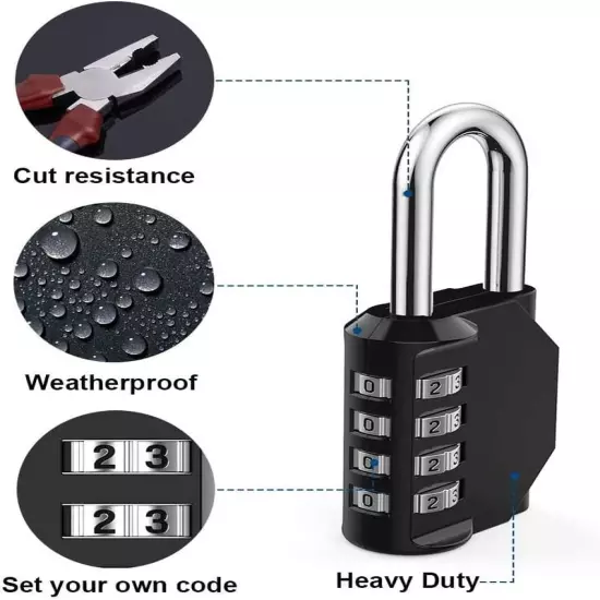 Combination Lock Resettable 4 Digit Padlock with Combination, Waterproof and He