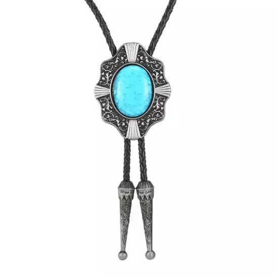 Vintage Bolo Tie Western Cowboy Blue Turquoise Mens Alloy Necklace PU Rope Party