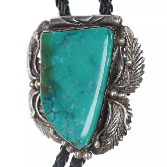 1980's AL Native American sterling high grade turquoise bolo tie