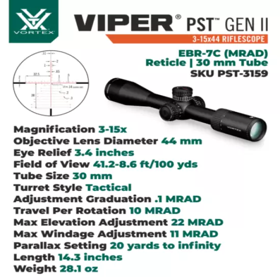 Vortex Optics Viper PST Gen II 3-15x44 Riflescope EBR-7C MRAD with Rings and Hat