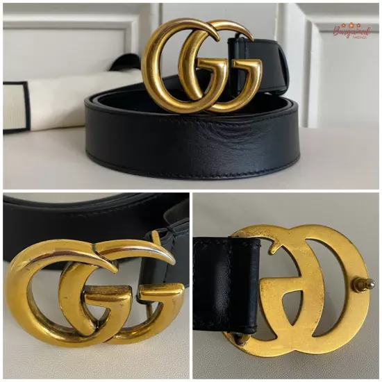 Authentic Gucci Black Calfskin Leather Gold Double G Buckle Slim Belt 80/32