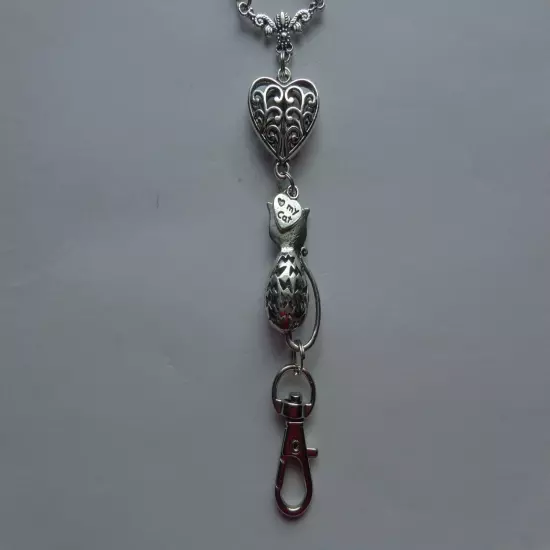 CAT KITTEN LOVE MY CAT HEART CRYSTALS BEADED LANYARD ID BADGE HOLDER