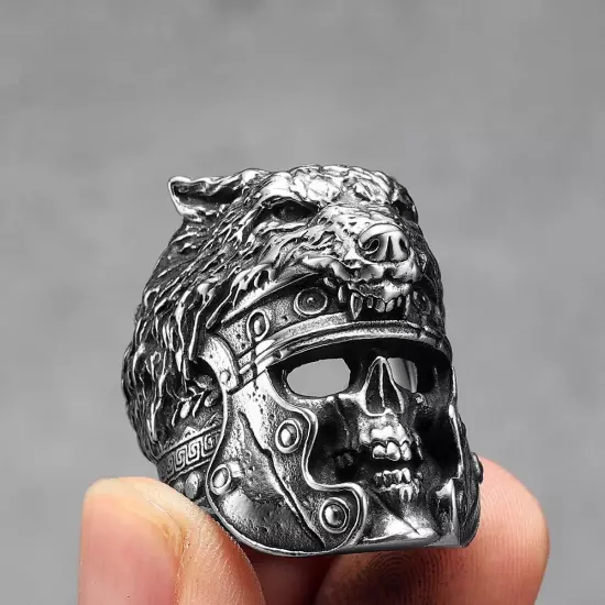 Gladiator Wolf warrior Skull Spartan Helmet Silver Punk Mens Viking Biker Ring