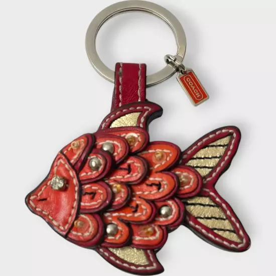 Coach Koi Fish Keychain Red Gold Leather Beaded Keyring Charm Purse Accessory