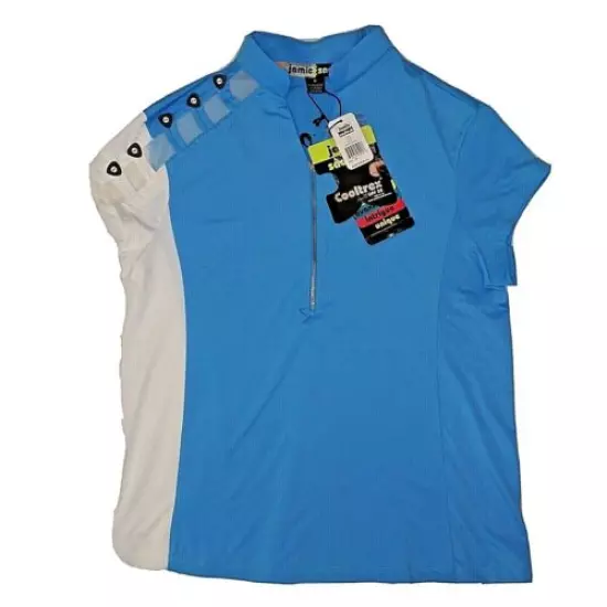 Jamie Sadock Women's Golf Tee Blue White Zip Front Button Accent Size M NWT 