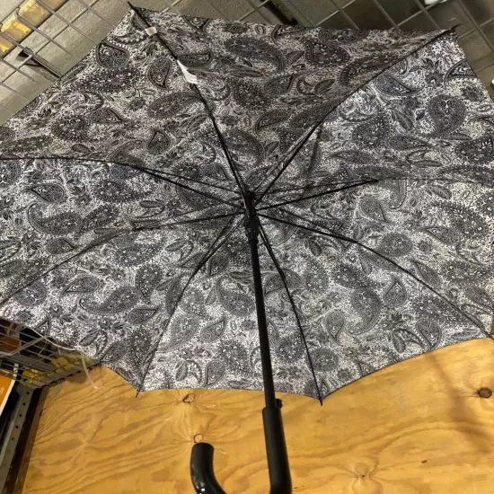 Totes Auto Open J-Handle Stick ECO Umbrella Gray Paisley