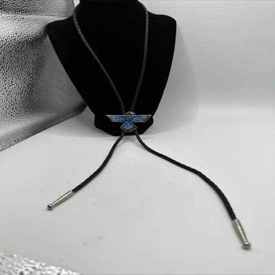 Vintage Bolo Tie Eagle With Crushed Turquoise Inlay Silver Tone Black Cord