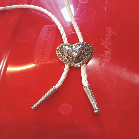 Silver Heart Shape Bolo Tie W/ 36" 4mm White Braided Cord W/1.25 " Silver Tips