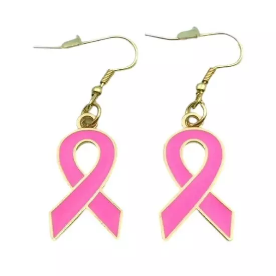 Breast Cancer Awareness Pink Ribbon Drop Earrings - NEW