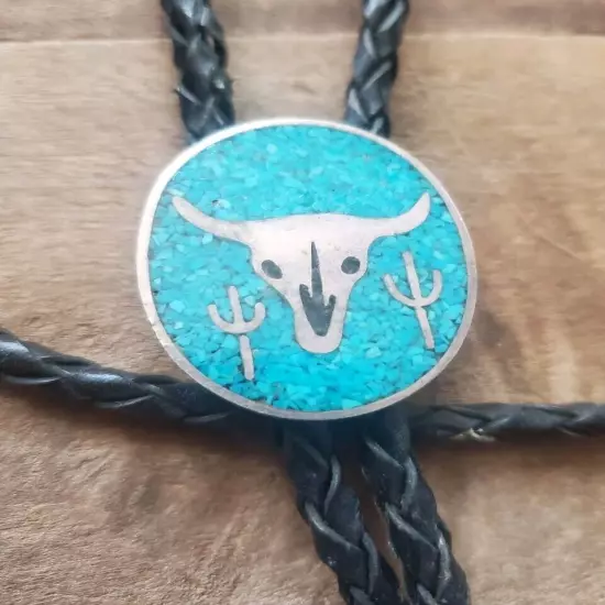 Vintage Cow Skull & Cactus Bolo Tie Sterling Silver & Crushed Turquoise