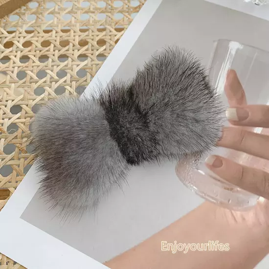 Women's Girls Cute Real Mink Fur Hair Clip Hairpin Bobby Pin Hair Claw Bowknot