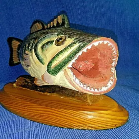 Large Mouth Bass Fish Wood Carving on Oak Base>Fine Detail Scales &Teeth Carved