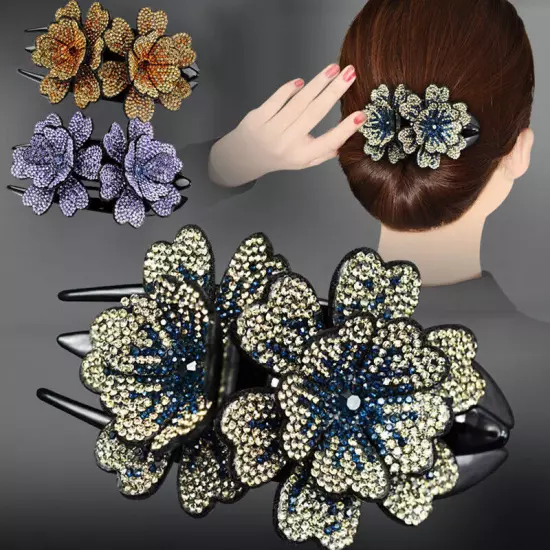 Ladies Rhinestone Double Flower Hair Clip Barrettes Crystal Comb Large Catch 1x-