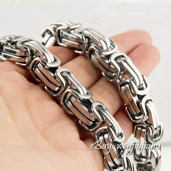 HEAVY 15mm Chain Silver Byzantine Link Stainless Steel Men's HUGE Bracelet 8~12"