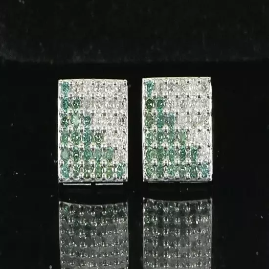 Men's 14K White Gold Plated Half Round Green Diamond Square Screw Stud Earrings~