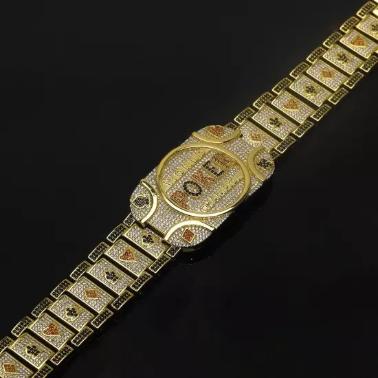 Wold Poker Champion Bracelet Brass Iced 8.5" Simulated Diamond Gold Plated Bling