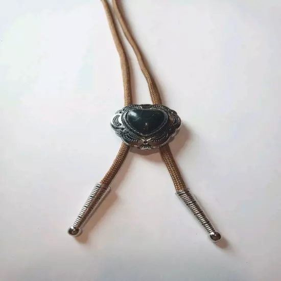 Heart Shape Bolo Tie W/ Choc. Color Stone, 36" 4mm Light Brown Cord, Silver Tips