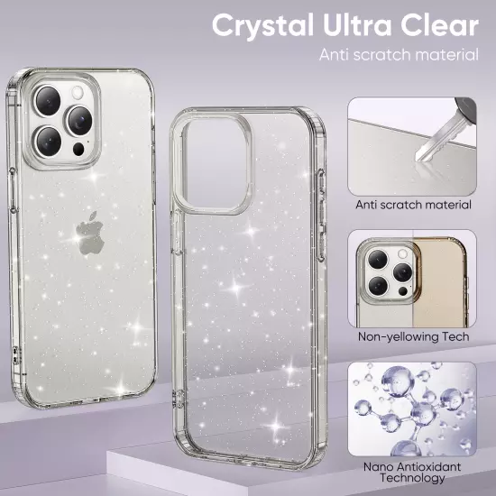 For iPhone 16 Pro Max 15 14 13 12 11 Slim Glitter Transparent Clear Phone Case