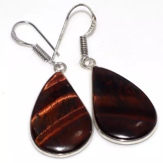 Iron Tiger Eye 925 Silver Plated Gemstone Earrings 1.7" Modern Gifts GW