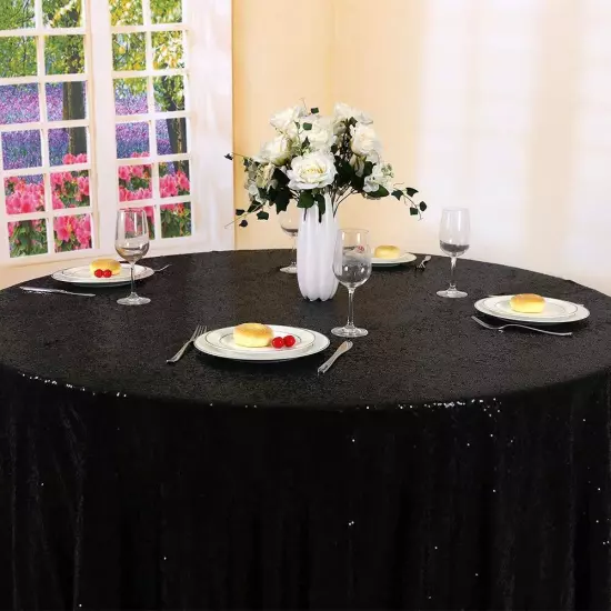 Trlyc Round Sequin Tablecloth - 108" Black Sparkly Table Cloths for Party Wed...