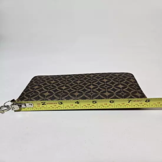 Fossil Clutch Wallet Zip Around Brown Leather Geometric Pattern