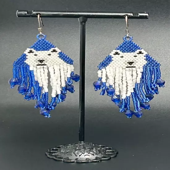 Hand Beaded Polar Bears Blue Seed Bead Tasseled Dangle Earrings