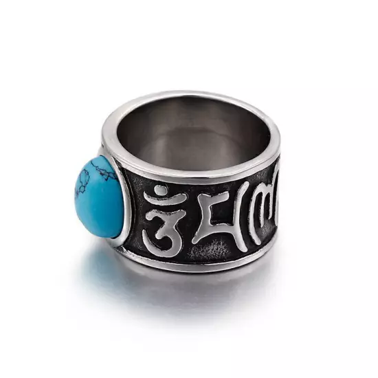 14MM Width Mantra Runes Band Men Stainless Steel Blue Turquoise Inlay Biker Ring