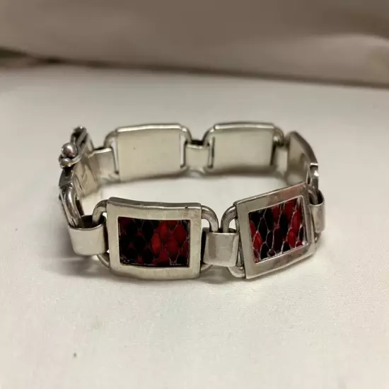 Vintage Versani Sterling Silver Link Men’s Bracelet With Red Snake Skin Inlay