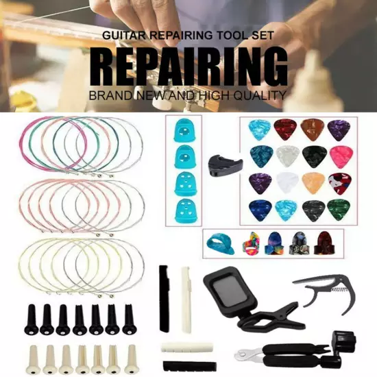 65Pcs Guitar Accessories Kit Guitar Changing Tool Strings Picks Pins Capo Tuner