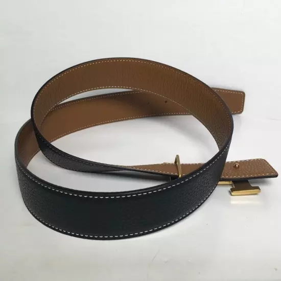 Hermes Gold Buckle Reversible Leather Black Brown white Stitch Belt 95 Unisex