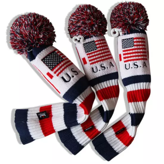 3Pcs USA Pom Pom Golf Headcover Driver Fairway Wood Club Head Cover Knit Socks