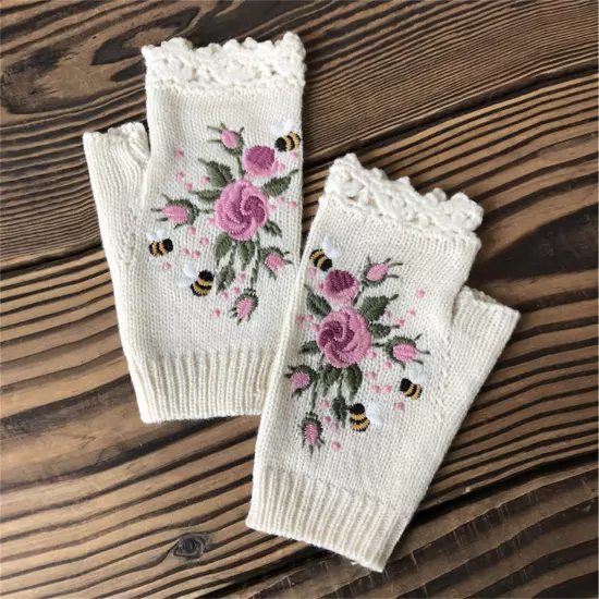 Women Handmade Embroidery Gloves Knit Gloves Flower Gloves Hand Knit Fingerless