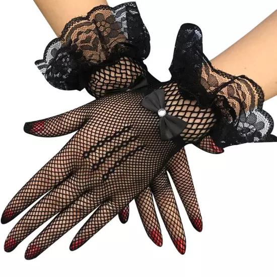 Women Summer UV-Proof Driving Mesh Fishnet Lace Mittens Full Finger Gloves