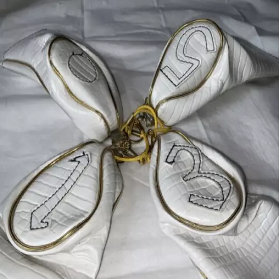 Vintage White Vinyl Golf Club Covers Faux Croc Lot Of 4 Gold Trim