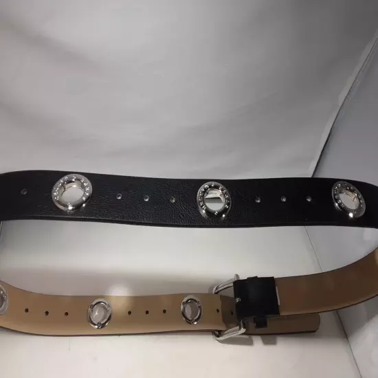 STEVE MADDEN 1.25" Black Vegan Leather Belt With Silvertone Open Round Hardware