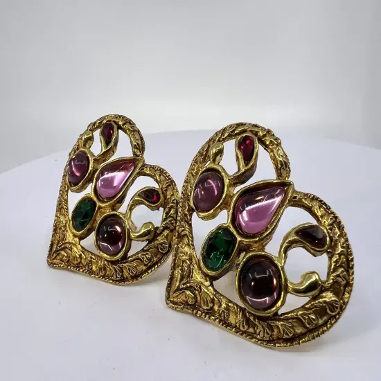 CHRISTIAN LACROIX Multicolored Glass Gemstone & Gold Tone Heart Shaped Earrings 