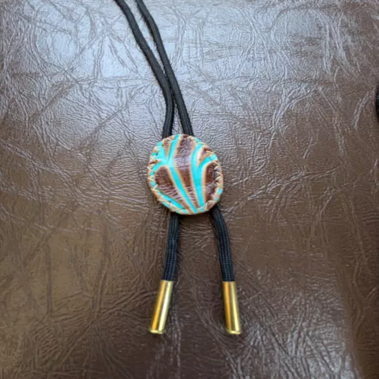 Hand Made Blue And Brown Western Cowboy Leather Bolo Neck 